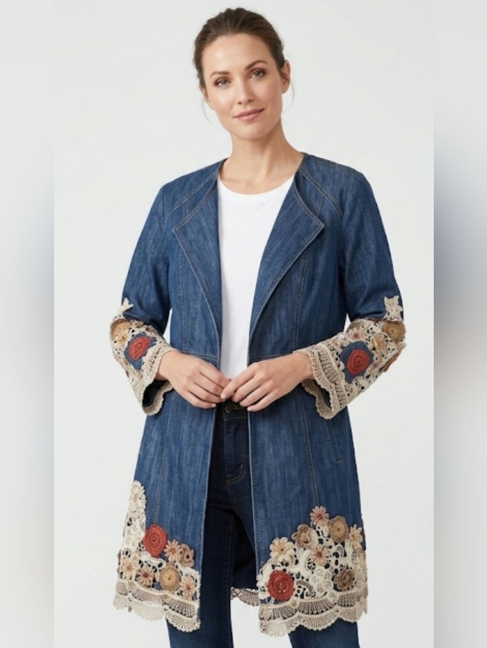 Chico's Blue Denim Long Jacket with Crochet Floral Trim